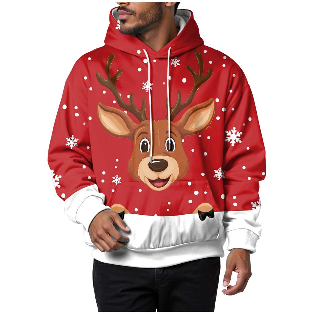 Men'S Fleece Lined Hooded Sweatshirt Christmas Festival Casual Fun Print Pocket Drawstring Alt Hoodies Plus Sized Autumn Tops
