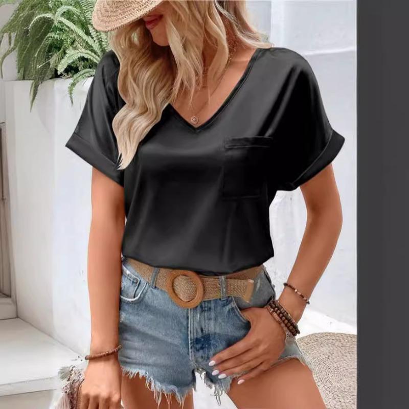 

Модна атласна повсякденна сорочка з V-подібним вирізом і кишенею, жіноча вільна блуза з коротким рукавом, топи, однотонні елегантні сорочки Slik для офісних жінок 24136 XL чорний