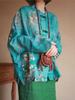 Chinese Style Vintage Print Green Blouse Women Long Sleeve Button Shirt Tops Spring Stand Collar Johnature