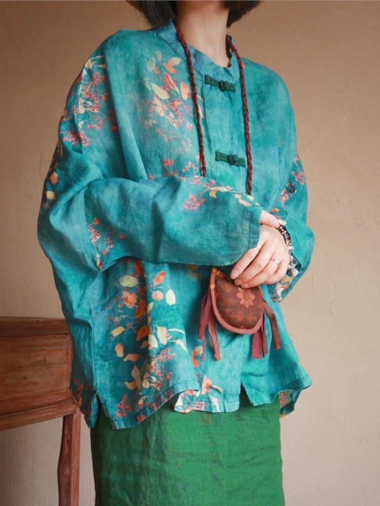 Chinese Style Vintage Print Green Blouse Women Long Sleeve Button Shirt Tops Spring Stand Collar Johnature
