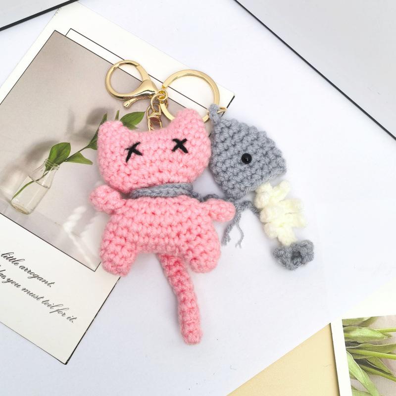Handmade Crochet Kitten with Fish Keychain - Cute Cartoon Bag Charm Gift