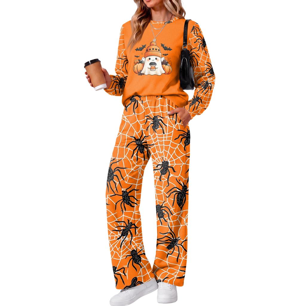 Women's Casual Loose Fit Crewneck Halloween Print Sweatshirt and Pants Set