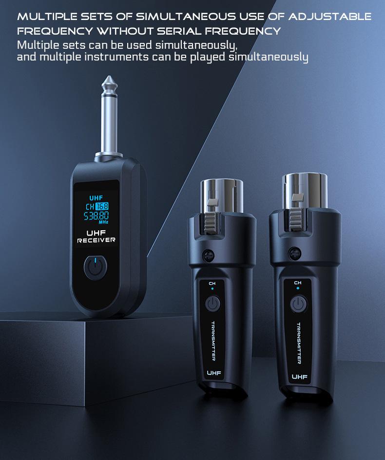 Wireless System Power Amplifier with Transmitter, Receiver, Dynamic Microphone, and Condenser for Musical Instruments.