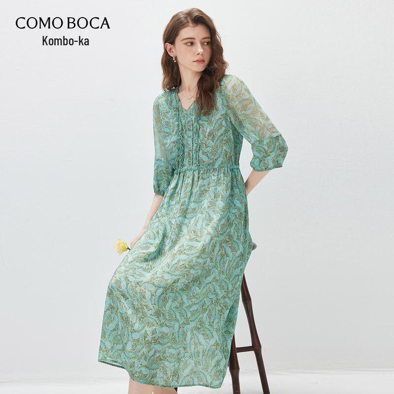 Women s V-Neck 3/4 Sleeve Silk Printed Midi Dress L