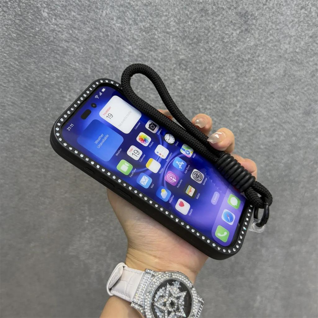 Shining Bling Diamond Transparent Phone Case For iPhone 16 16E 15 14 13 12 11 Pro Max 16Plus 16Pro With Wristband Lanyard Cover
