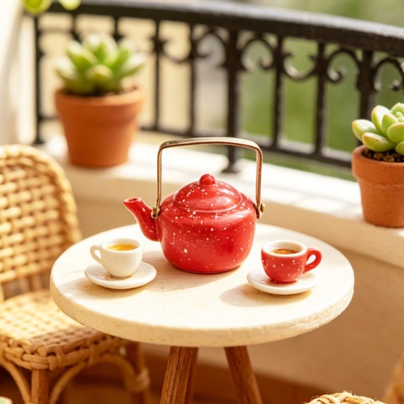 Pretend Play Kitchen Kettle Toy Miniature Enameled Model For Dollhouses Scene Easy Carry Handle Design