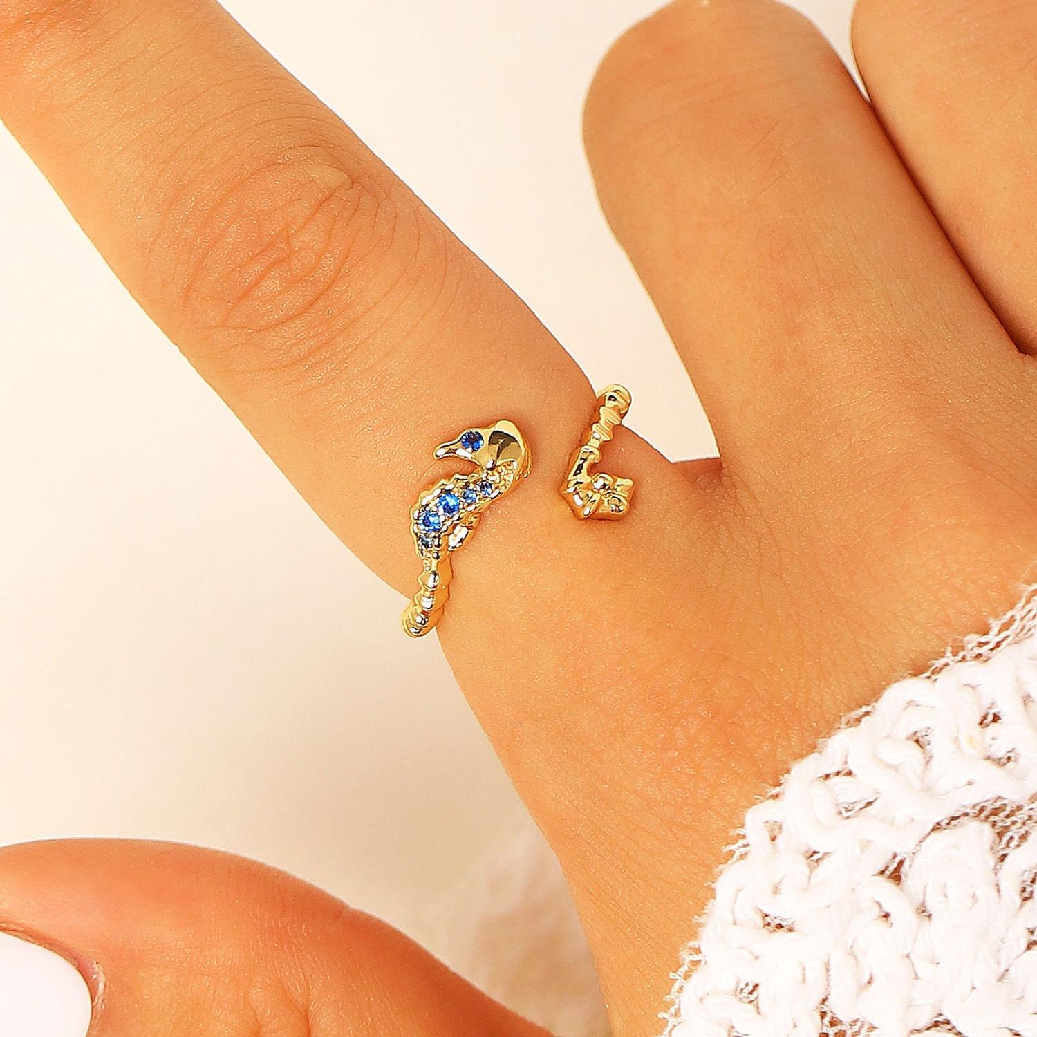 Retro Luxury Ocean Animal Stackable Ring Set Gold Color Seahorse Starfish Turtle Zircon Rings for Women Beach Vacation Jewelry
