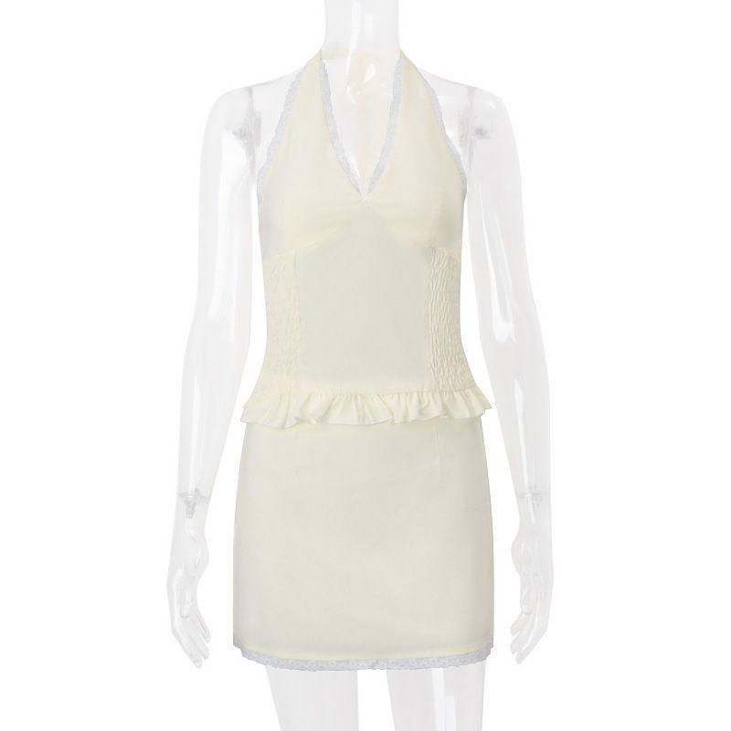 

INS Fashion Style 2024 Summer New Arrival Dopamine V-neck Lace up Halterneck Vest Women s Bag Hip Skirt Two-piece Set Yellow L