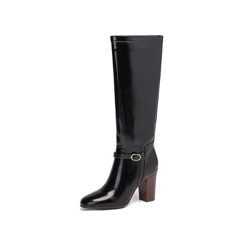 Krazing Pot Cow Split Skin Round Toe thick high Heels Knight Boots Size 46 Size 45 Slip on Plus Size Women Metal Buckle Thigh High Boots