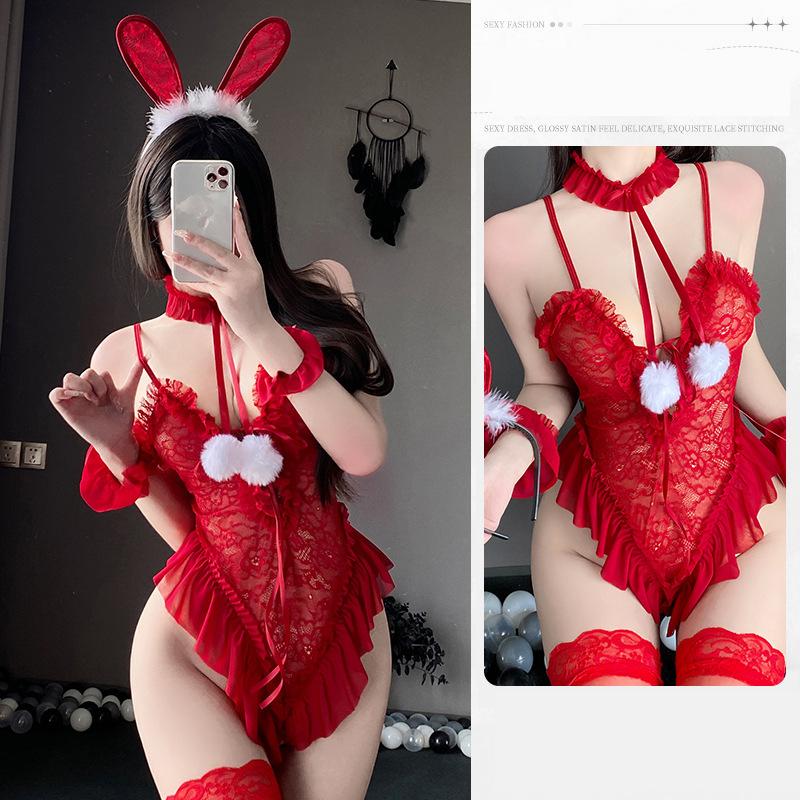Sexy Crotchless Lingerie Women Hollow Lace Open Porno Bodysuit Erotic Pajamas Teddy Babydoll Dress Deep V Open Bra Underwear Set
