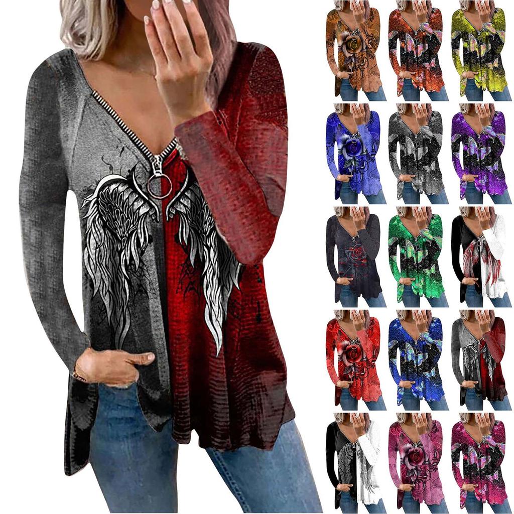 Pullover T Shirts Blouse Tops For Women Long Sleeve  Fall Clothes Casual Loose V Neck Tee Shirts