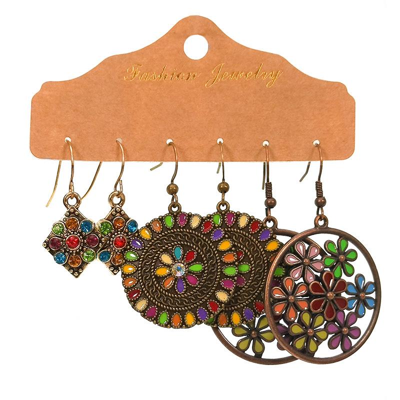 Zestaw Vintage Geometryczne Okrągłe Kolczyki Wiszące z Kwiatami dla Kobiet Boho Wielokolorowe Kryształowe Żywiczne Kolczyki z Frędzlami Biżuteria Prezent