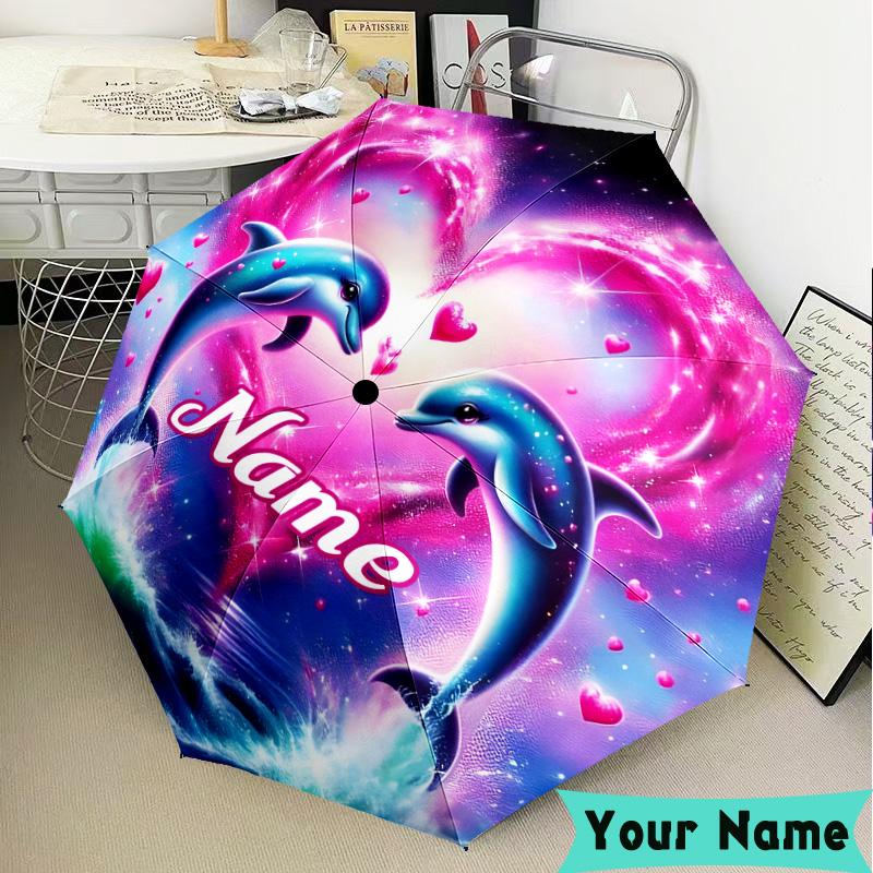 Custom Name Love Dolphins Heart Umbrella, Foldable Umbrella Suitable for Outdoor Shopping Travel Sports, Exquisite Gift for Family