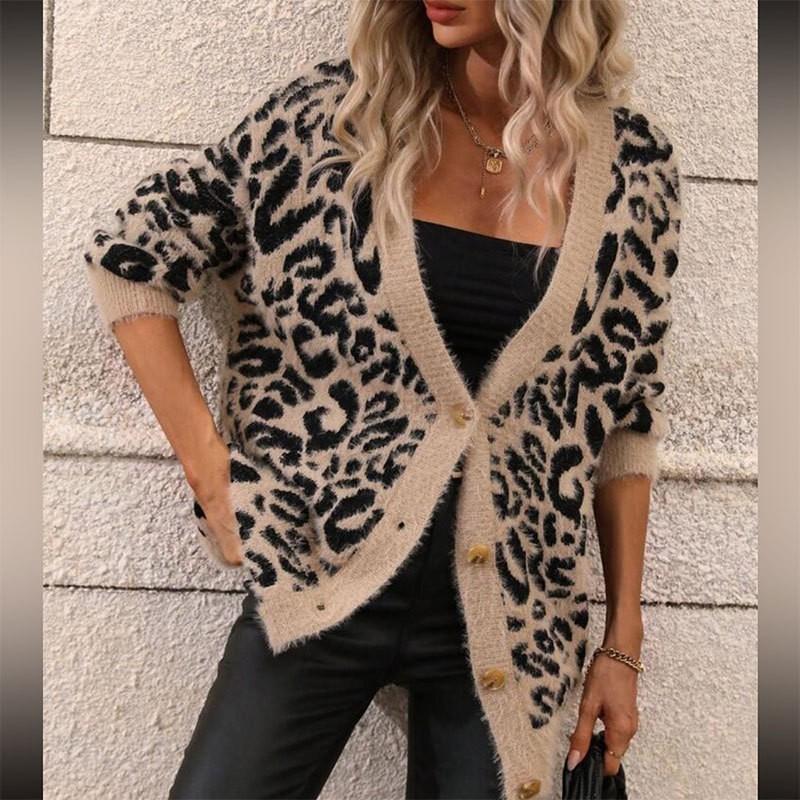Womens Oversized V-Neck Leopard Print Knit Cardigan Long Sleeve Casual Sweater Winter