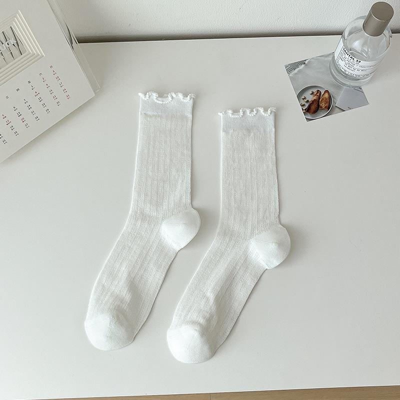 Summer Solid Color Mesh Middle Tube Women Socks Lightweight Breathable Fashion Versatile Ruffle Ballet Style Lolita Girls Socks