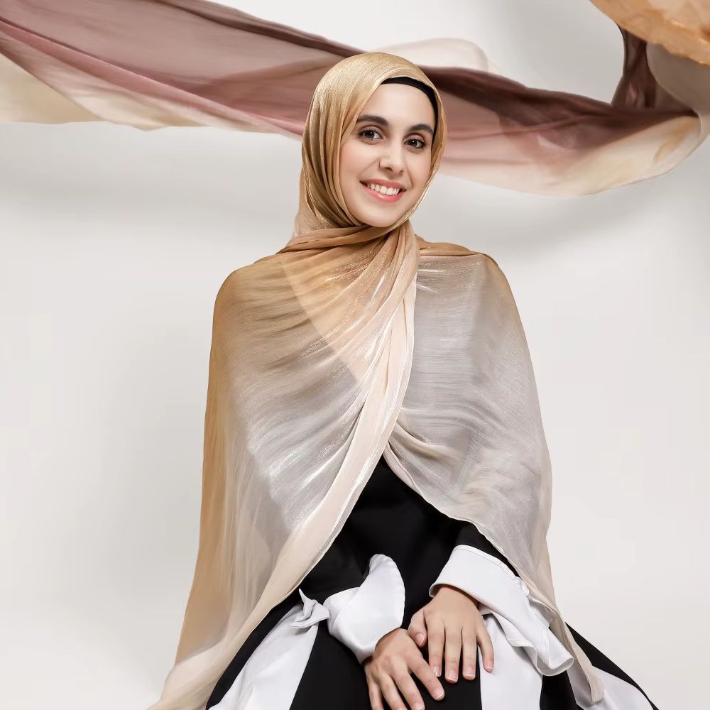 Muslim Women Gradient Sparking Silk Shawls Scarf Glitter Shimmer Wrap Elegant Hijab Islam Turban Scarf Ramadan 180*70Cm