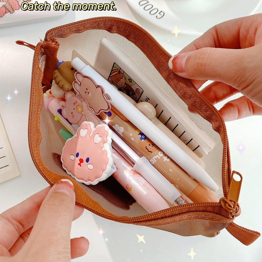 Adorable Small Bear Mesh Pen Bag With Design For Kids And Students
