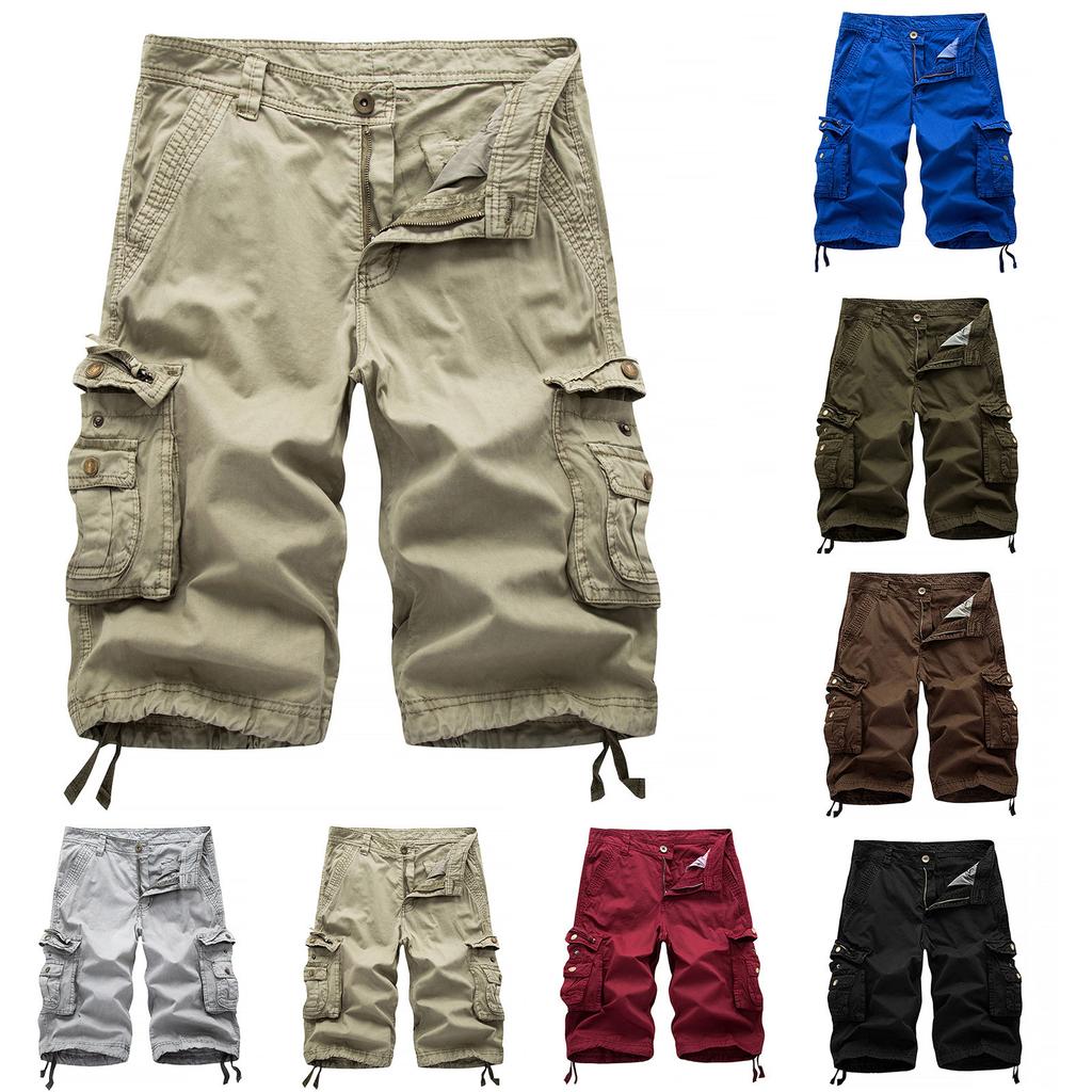 Men's Fashion Solid Color Multi-Pocket Pants Cotton Cargo Overalls Shorts