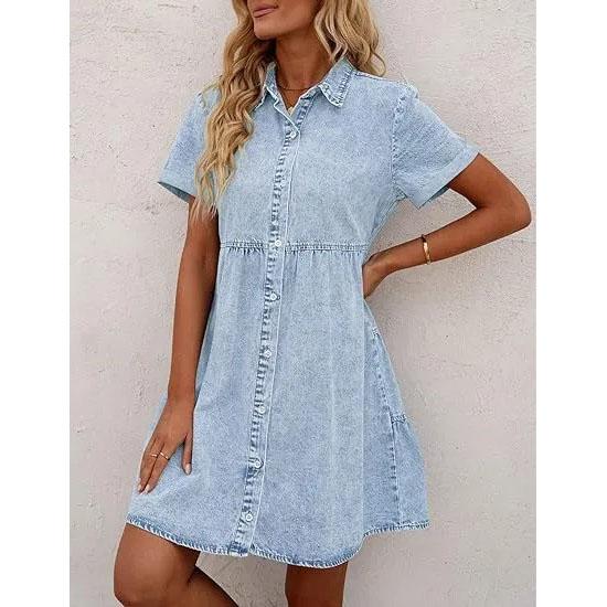 Abiti Camicia in Denim da Donna Manica Corta Collo a Revers Vestito di Jean Monopetto Top Bordo Arricciato Ampio Abiti da Donna