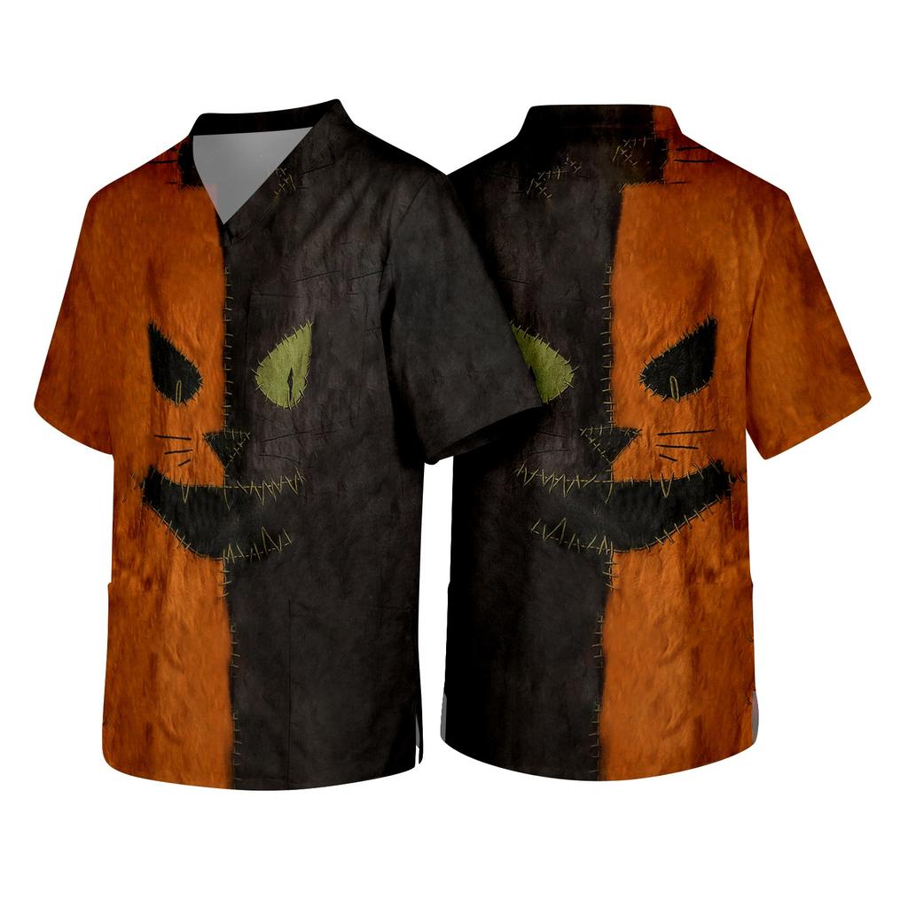 Men V Neck Short Sleeve Halloween Print Top with Chest Pocket for Healthcare Workers Comfortable Fit Scrub Shirt