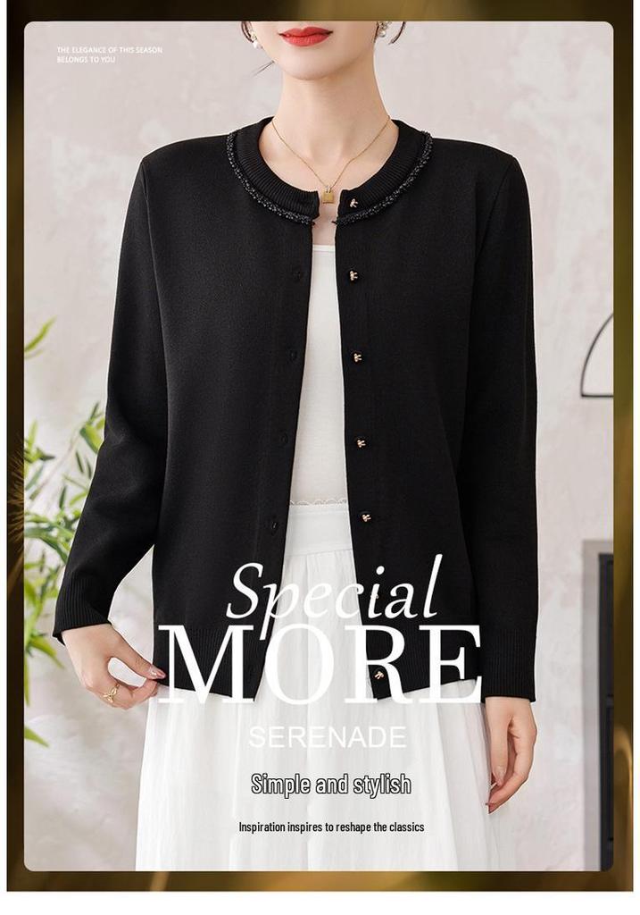 Spring Knit Top for Middle-Aged & Elderly Women - Round Neck Cardigan Sweater