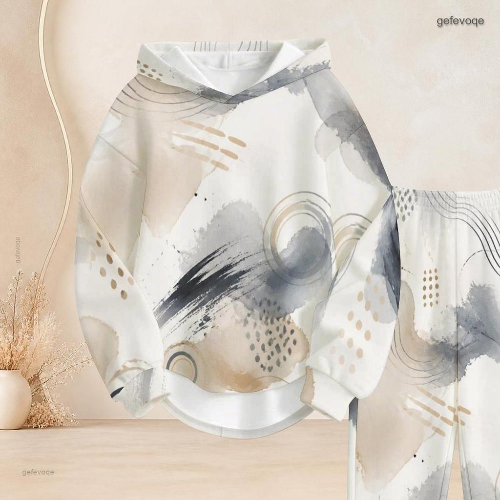 Women Plus Size Beige Grey Printed Two Piece Set Hooded Long Sleeve Top And Cuffed Pants