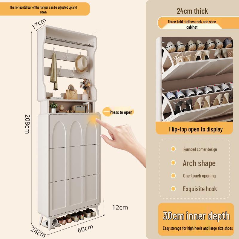 Ultra-Thin Flip-Top Shoe Cabinet & Coat Rack for Entryway Hallway Storage