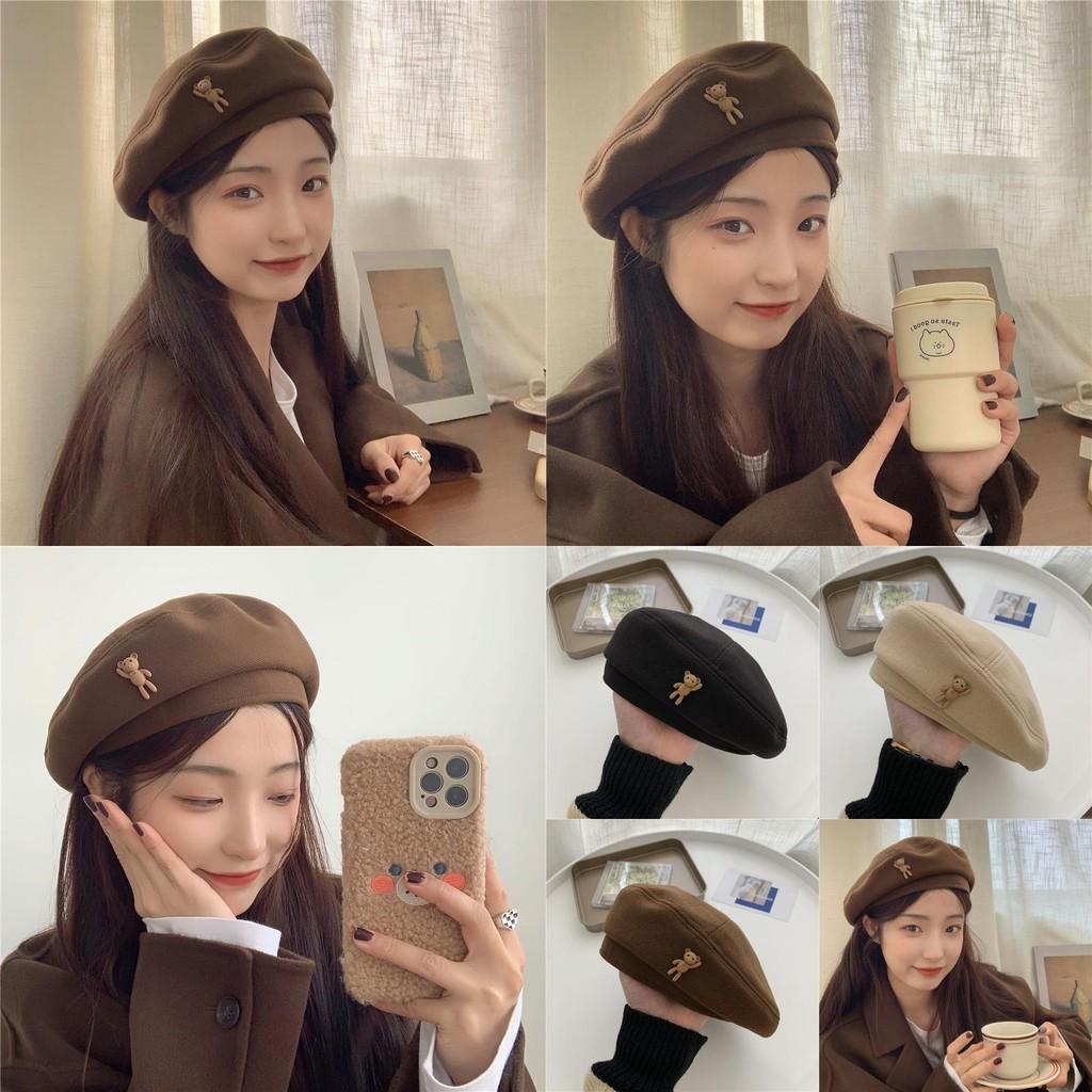 Cozy Brown Wool Beret Artist Hat For Winter Women Men With Cute Bear Design