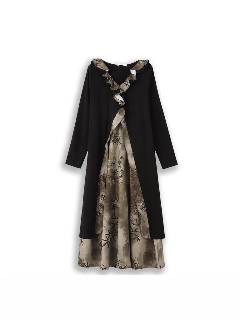 Chinese Style Plus Size Ruffle Dress for Spring & Autumn - 130-320 Jin, Women's Fake Two-Piece Long Dress (2026)
