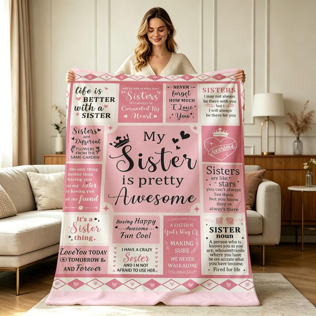 All Season Flannel Blanket with Sister Friendship Quote Print Soft Warm Throw Blanket for Sofa Couch Bedroom Office Home Decor