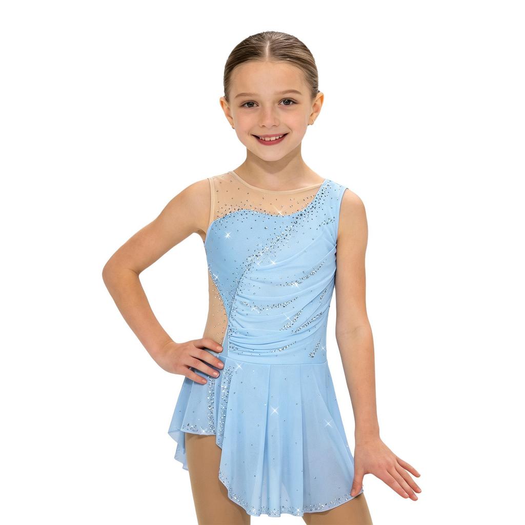 Abito da Gara da Ballo per Bambina Senza Maniche Patchwork Rete Strass Spacco Laterale con Slip Integrati per Pattinaggio Ginnastica Spettacolo