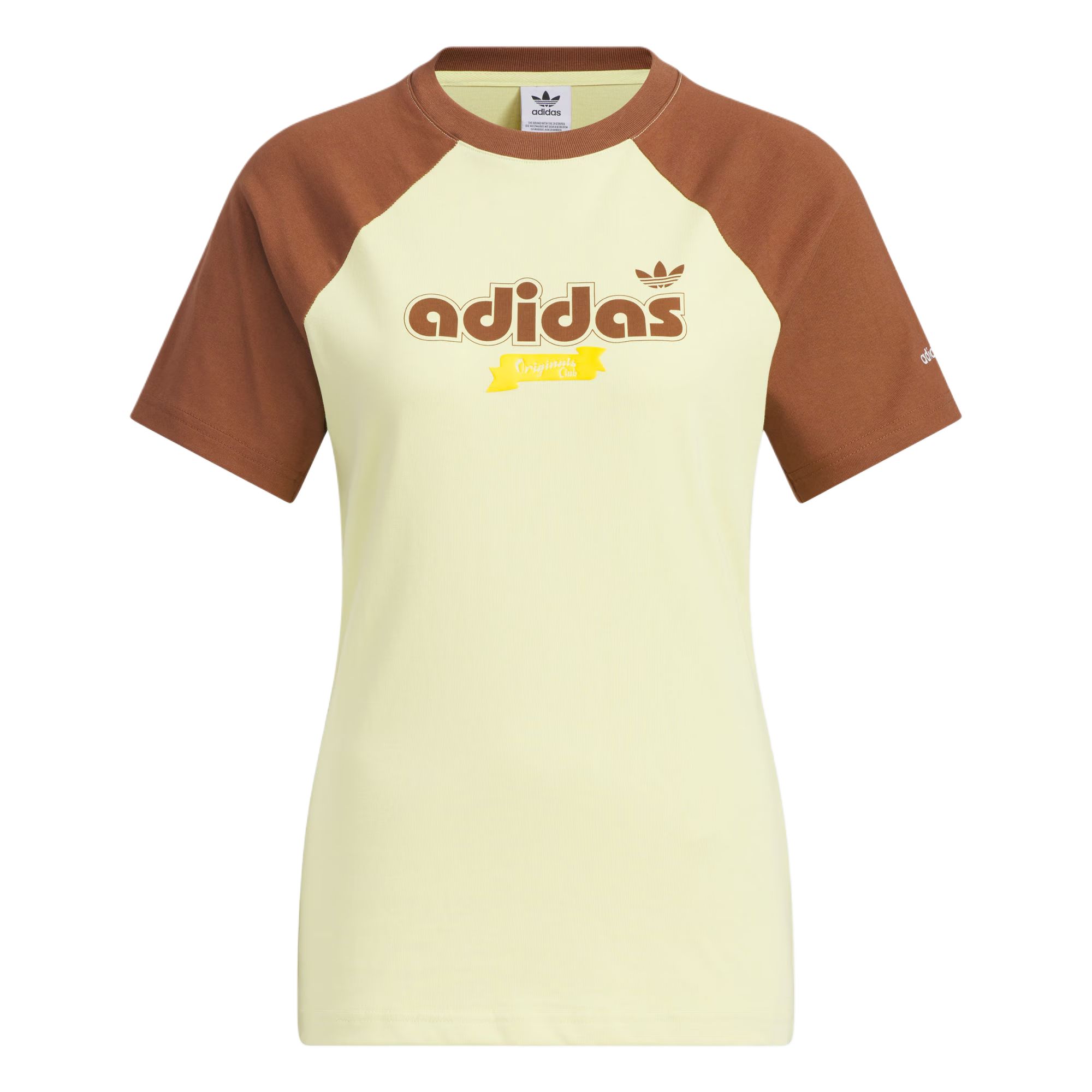 

Adidas Оригинальная футболка в стиле ретро-кэмп с графикой, свободная, удобная, простая, с круглым вырезом, с коротким рукавом реглан, женская футболка, пудрово-желтая, мягко-коричневая, JM8007 S