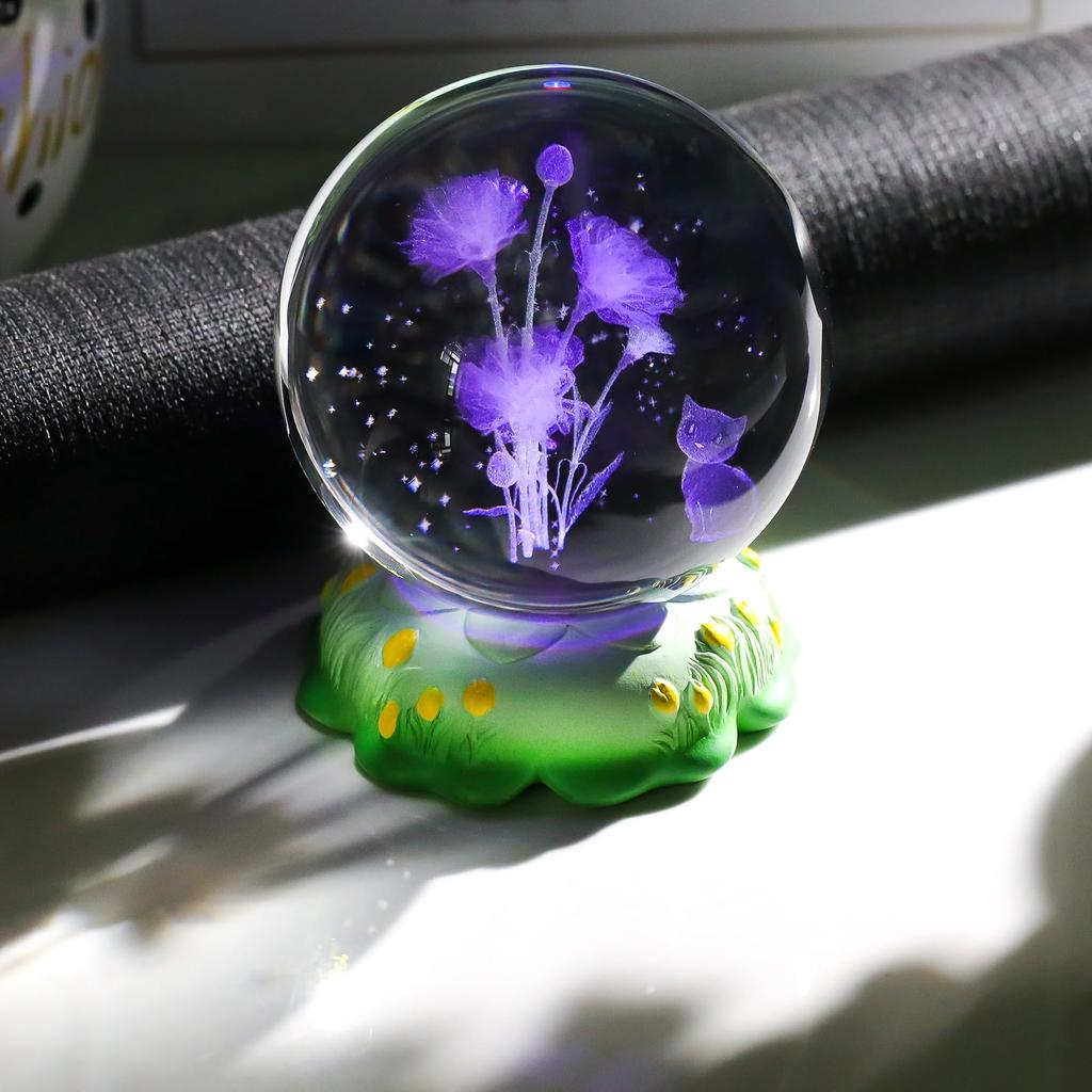 K9 Crystal Ball with Cute Cat and Carnation Bouquet, LED Light Base, Birthday Gift for Mom, Gift for Women, Mother's Day Gift