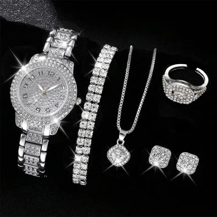 6PCS/SET Silver Women's Watch Business Leisure Element Watch Luxury Dial Quartz Watch Jewelry Set Gift For Her