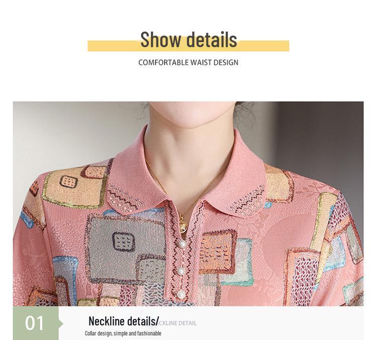 Mom's Fashionable 2026 Short-Sleeve Ice Silk Blouse with Lapel for Middle-Aged Women