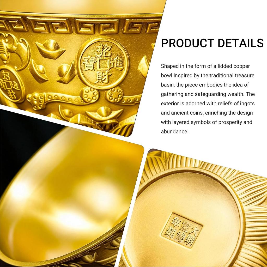 Brass Treasure Bowl - Traditional Chinese Style, Perfect for Home or Office To Attract Wealth and Good Fortune (Length: 16CM)