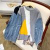 2024 Zima T-Shirt Oversize Damskie Swetry Denim O-Neck Patchworkowy Pulower Dzianinowy Basic Niebieski Moda Luźny Sweter