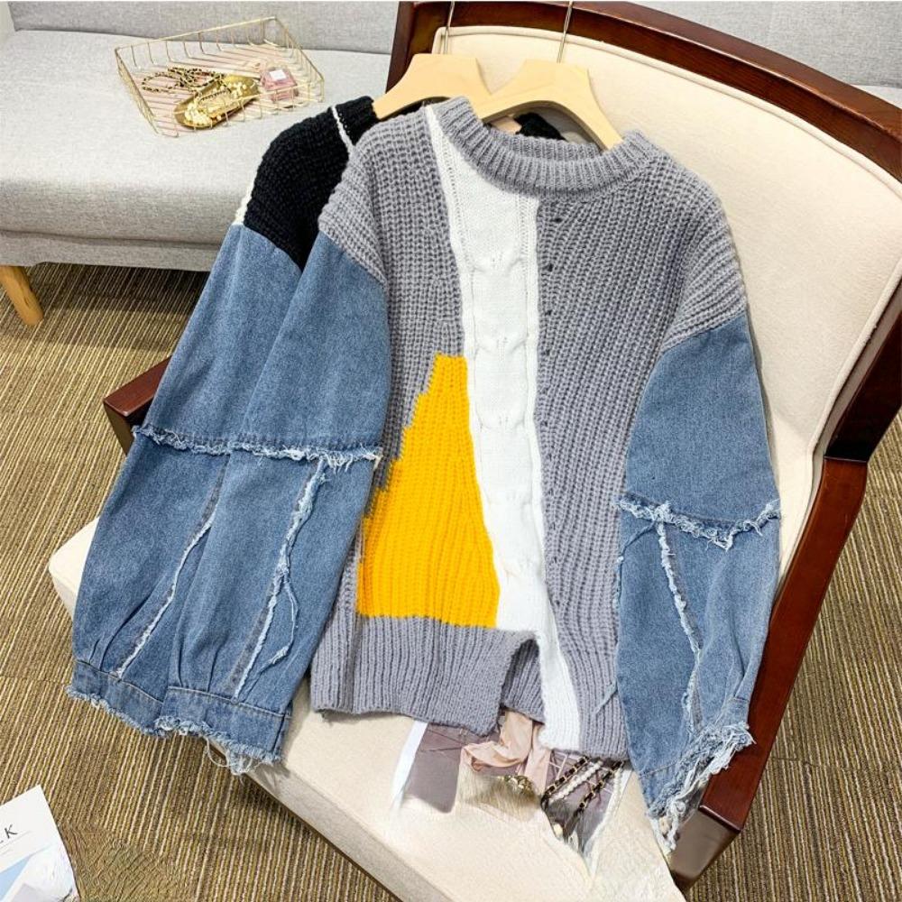 2024 Winter T-Shirt Übergröße Damen Pullover Denim O-Ausschnitt Patchwork Pullover Strick Basic Blau Mode Lockerer Pullover