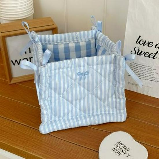 Korean Pink Plaid Quilted Storage Basket - Aesthetic Living Room & Bedside Organizer
