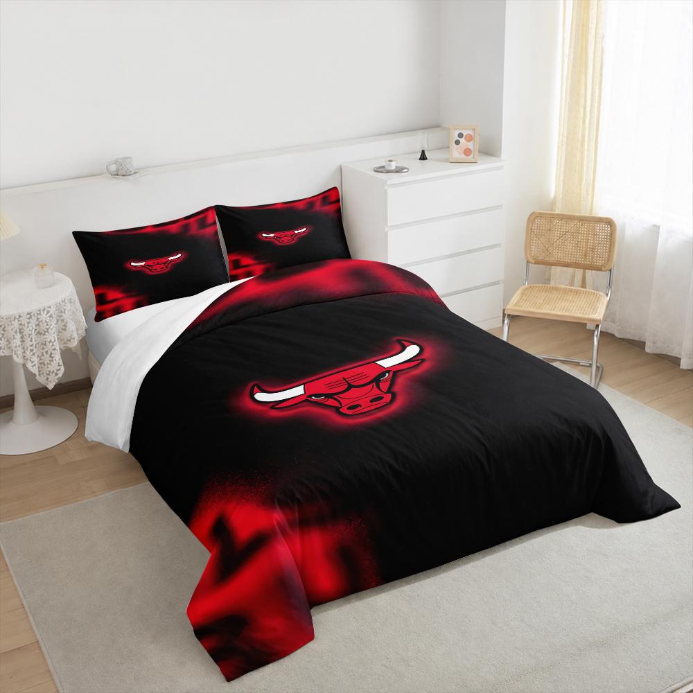 Sada povlaků na peřinu Chicago Bulls Červený Býk Neonové Svítící Černá Logo NBA Basketbal 3dílné Lůžkoviny pro Dospělého Fanouška Dárek