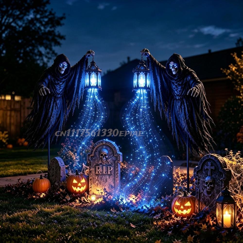Luce Giardino Animata Falce Fauchard, Luce Giardino Halloween Mietitore di Anime, Decorazione Giardino Halloween con Fantasma Luminoso e Lanterna