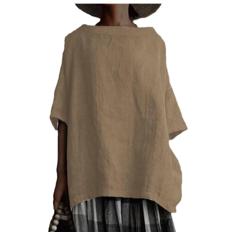 European & American 2026 Summer Arrival: Solid Color Woven Round Neck Cotton Linen Loose Women's T-shirt.