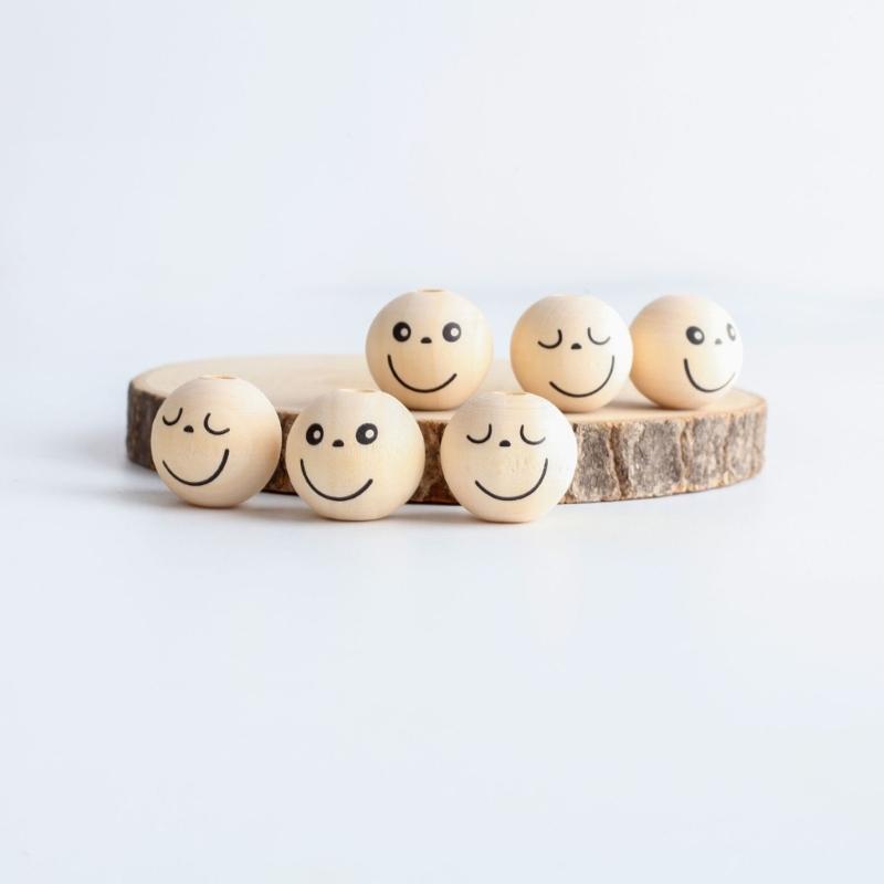 20Pcs Smiles Wood Beads Natural Wooden Beads for Crafting, Hole Round Wooden Smiles Face Beads Set for DIY Decorations