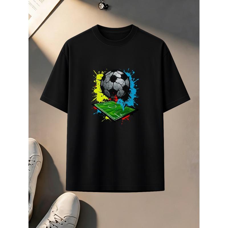 European Size Sports Style Printed T-Shirt, Soccer Ball And Football Field Short Sleeve, Durable Print, Skin-Friendly Lightweight Fabric