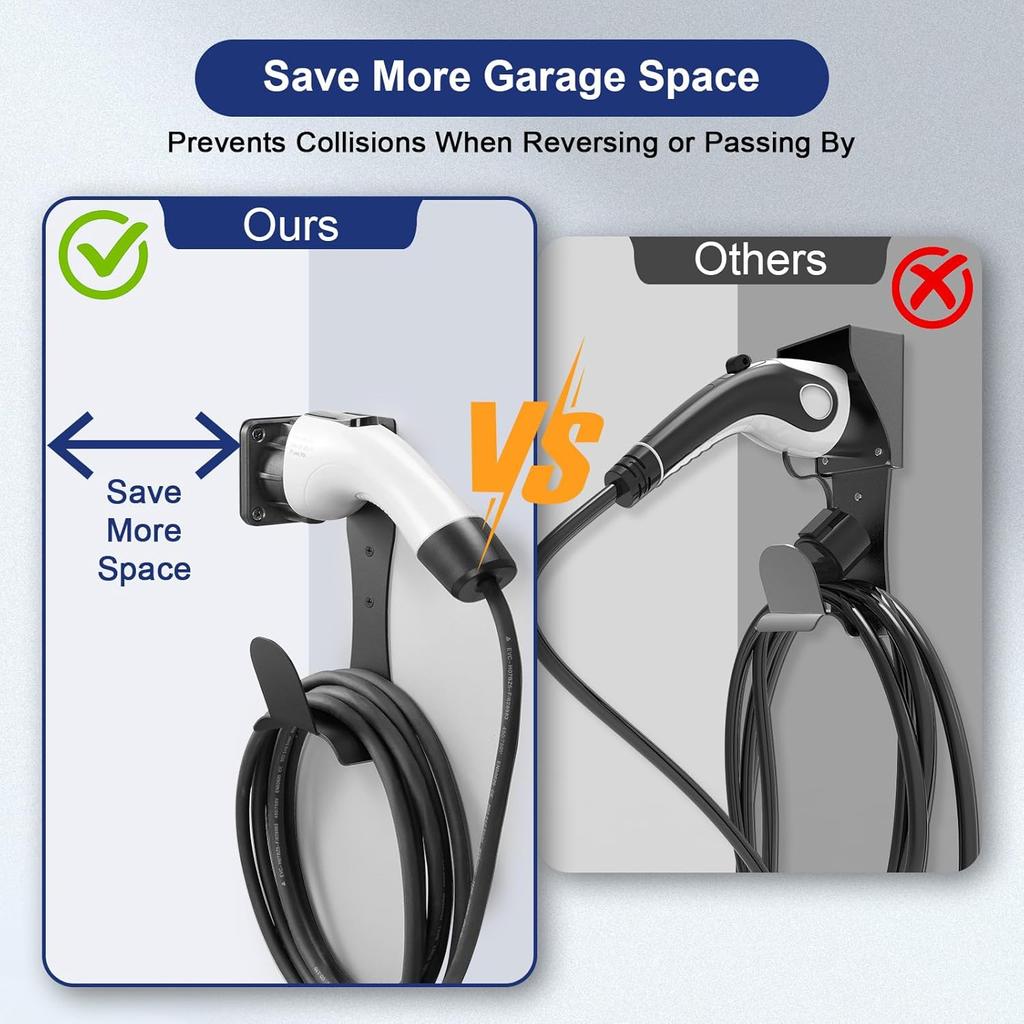 EV Charger Holder Cable Organizer Wall-Aligned Mount J1772 Holder, Space-Saving, No Cable Cutting, Electric Car Charger Cord Holder & Plug Holster