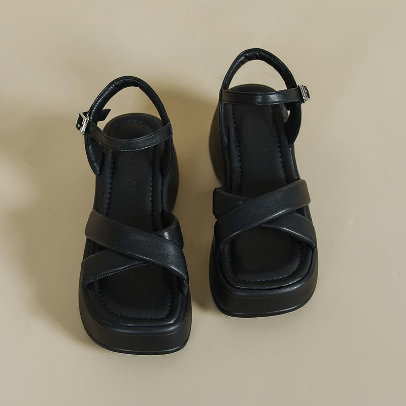Summer new thick heel platform sandals women's versatile simple cross with one-button open-toe sandals