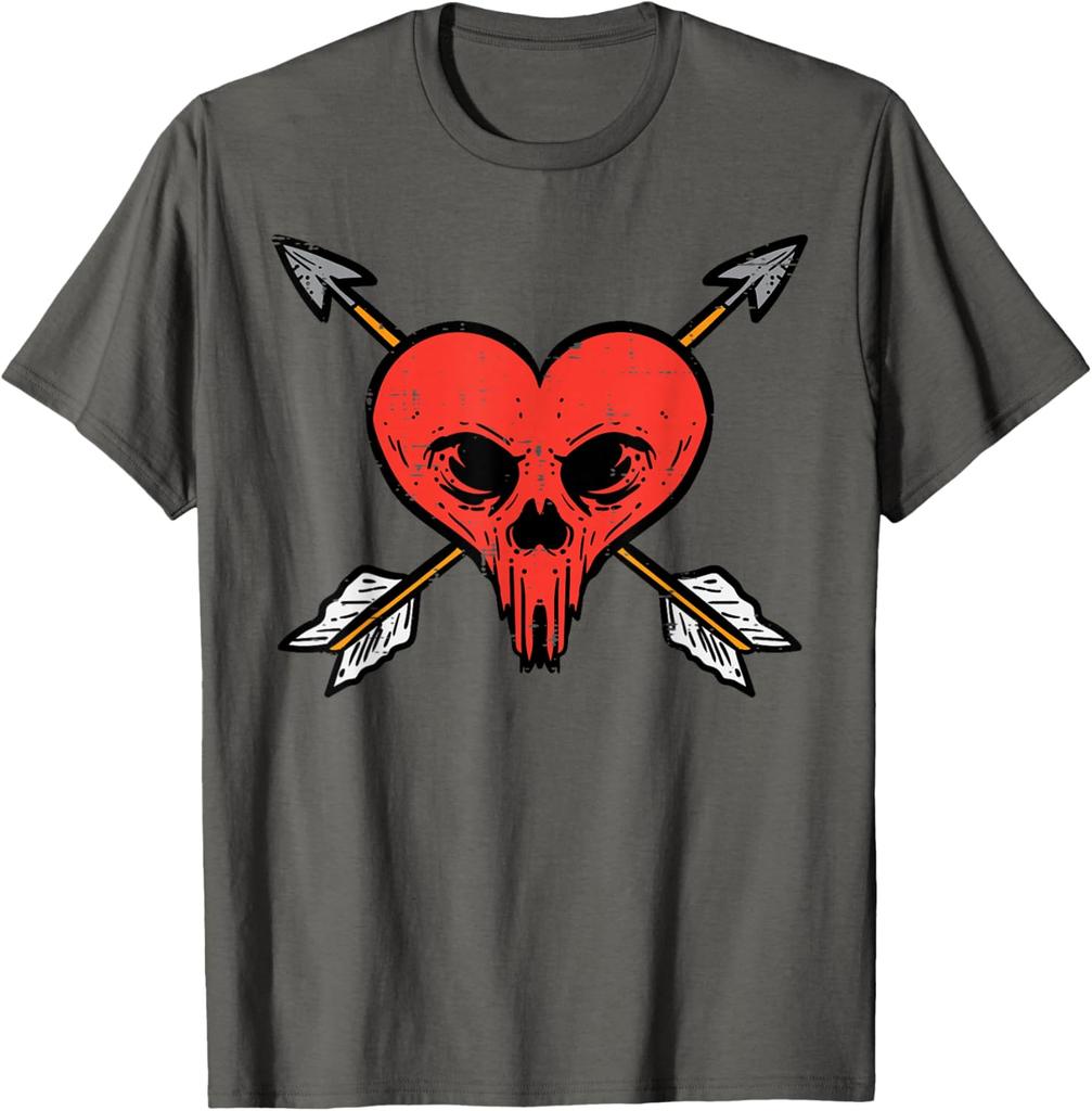 Skull Heart with Arrows Anti Valentines Day Graphic Tee Soft Cotton Casual Daily T-Shirt For Men