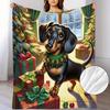 A Soft And Warm Flannel Throw Blanket Featuring a Dachshund Design Opening Christmas Gifts, Perfect for Use On The Sofa, At Home for Relaxation, As an