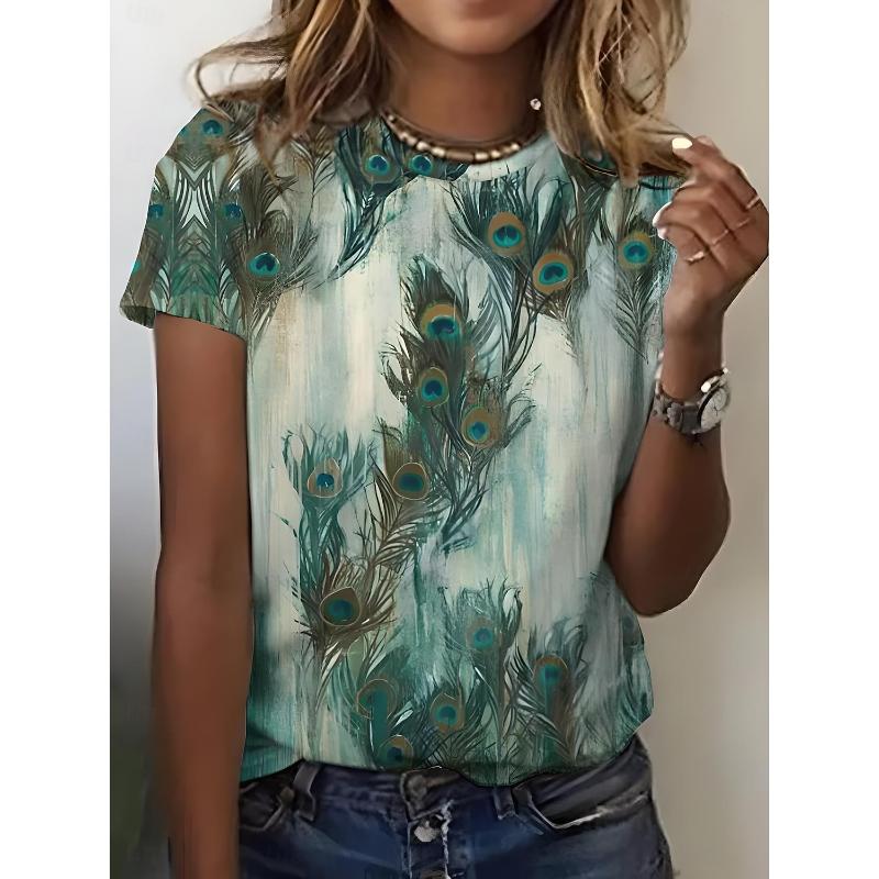 Summer Fashion Women's T Shirt Ombre Graphic Feather Trendy Classic Short Sleeve Crew Neck Tees Round Neck Regular Tops