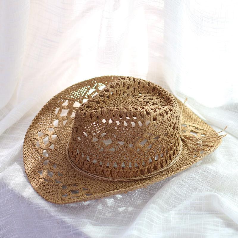 Straw Cowboy Hat for Men Women, Wide Brim Hollow Breathable Sun Protection Cap, Travel Beach Summer Hat